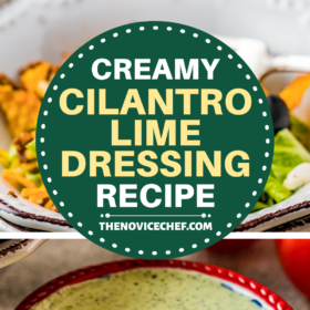 Cilantro lime dressing on a spoon and in a red serving bowl.