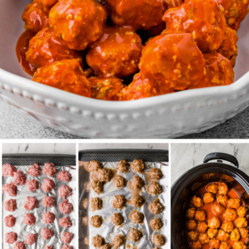 Buffalo Chicken Meatballs in a white bowl with meatballs on a baking sheet and in a crockpot.