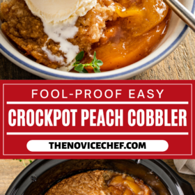 A bowl with peach cobbler with ice cream on top and an overhead view of crockpot peach cobbler in the crockpot with a serving scooped out.
