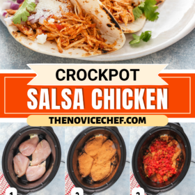 Chicken in a crockpot, chicken with seasonings on it, chicken with rotel on top and cooked shredded chicken in a white bowl.