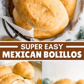 Three bolillos stacked in a bowl, a bolillo broken in half to show the inside and a bolillo on a baking sheet.