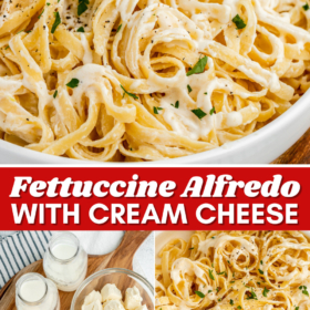 Ingredients for Alfredo on a cutting board and pasta tossed in Alfredo sauce.