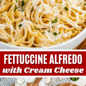 Fettuccine Alfredo with Cream Cheese in a white bowl and ingredients on a cutting board.