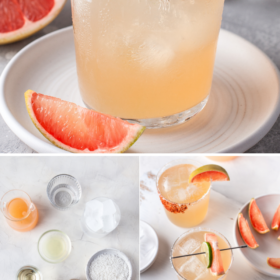 A paloma cocktail in a glass jar with grapefruit wedge garnish and images of the ingredients for a paloma.