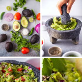 Ingredients for guacamole and step by step photos of guacamole being made in a Molcajete.