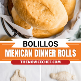 Homemade bolillos in a bowl with parchment paper and then step by step photos of bolillos being formed and baked.