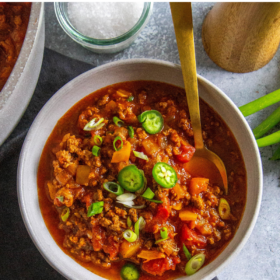 A bowl of keto chili with a spoon.