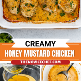 Honey mustard chicken in a casserole dish and a bowl with honey mustard sauce being mixed together and poured on top of chicken.