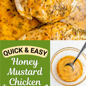 Honey mustard chicken with a spoon drizzling sauce on it and chicken in a casserole dish.