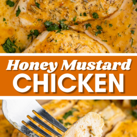 Honey mustard chicken in sauce in a casserole dish and sliced chicken with a fork picking up a piece.