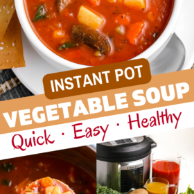 Vegetable soup in a white bowl, soup in instant pot with a ladle and ingredients for soup on a cutting board.
