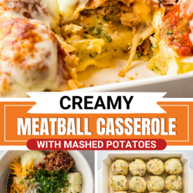 Meatball casserole in a baking dish and step by step photos making the casserole.