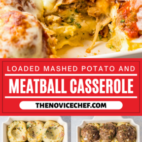 Meatball Casserole with mashed potatoes and an image of mashed potatoes with scoops taken out and meatballs placed inside the scoops.