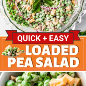 Pea salad in a large bowl with a serving spoon and a serving of creamy pea salad.