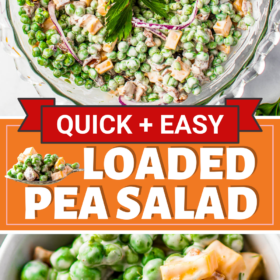 Pea salad in a large bowl with a serving spoon and a serving of creamy pea salad.