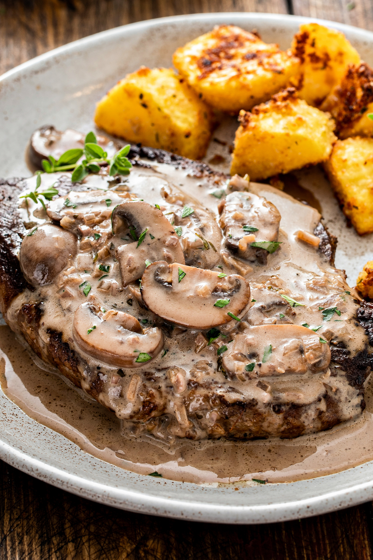 Close-up shot of a steak smothered in mushrooms and creamy sauce.