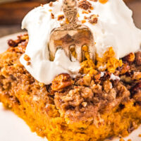 A rich pumpkin dessert with a pecan topping and ice cream garnish.