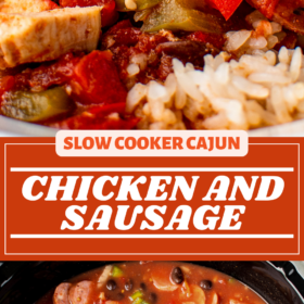 Chicken and sausage on a plate and in a crockpot.