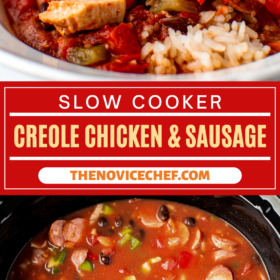 Slow cooker cajun chicken and sausage on a plate and in the crockpot for cooking.