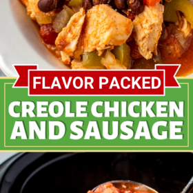 A plate with slow cooker creole chicken and sausage and a ladle scooping up a serving from the crockpot.