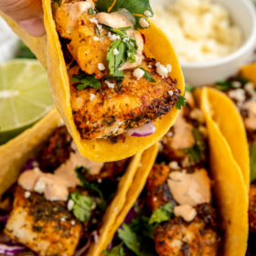 Blackened fish in corn tortillas with fish taco sauce and toppings.