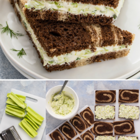Cucumber sandwiches cut into triangles on a serving plate and images of cucumber sandwiches being made step by step.