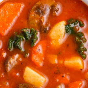 Up close image of a bowl of instant pot vegetable soup.