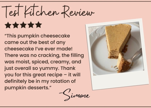 A review card featuring a photo of pumpkin cheesecake on a plate with a fork. The text praises the pumpkin cheesecake’s taste and creamy texture, ending with thanks and Simone’s signature. Five stars shine at the top.