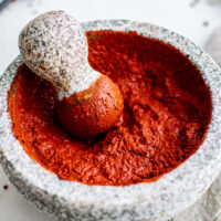 A spice-based red meat rub in a mortar and pestle