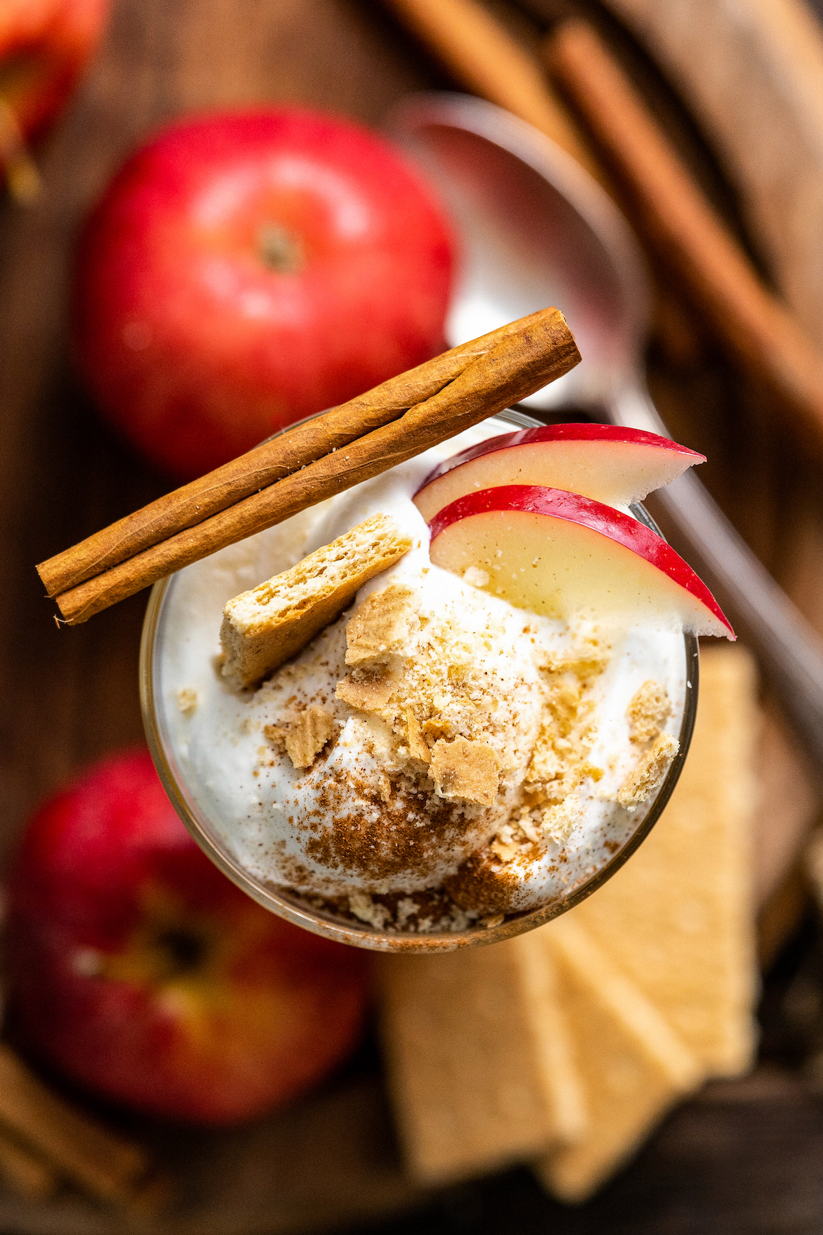 top view of a cocktail glass with apple cider and topped with whipped cream, apple slices, cinnamon, a piece of graham cracker and cinnamon stick
