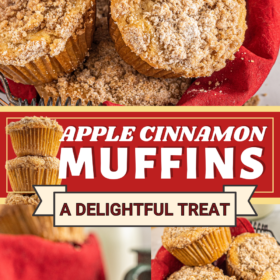 Apple Cinnamon Muffins in a basket with a red tea towel and a muffin with a bite taken out of it.