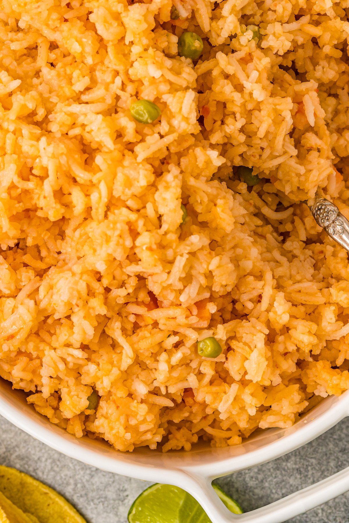 Seasoned Mexican-style rice with peas and carrots.