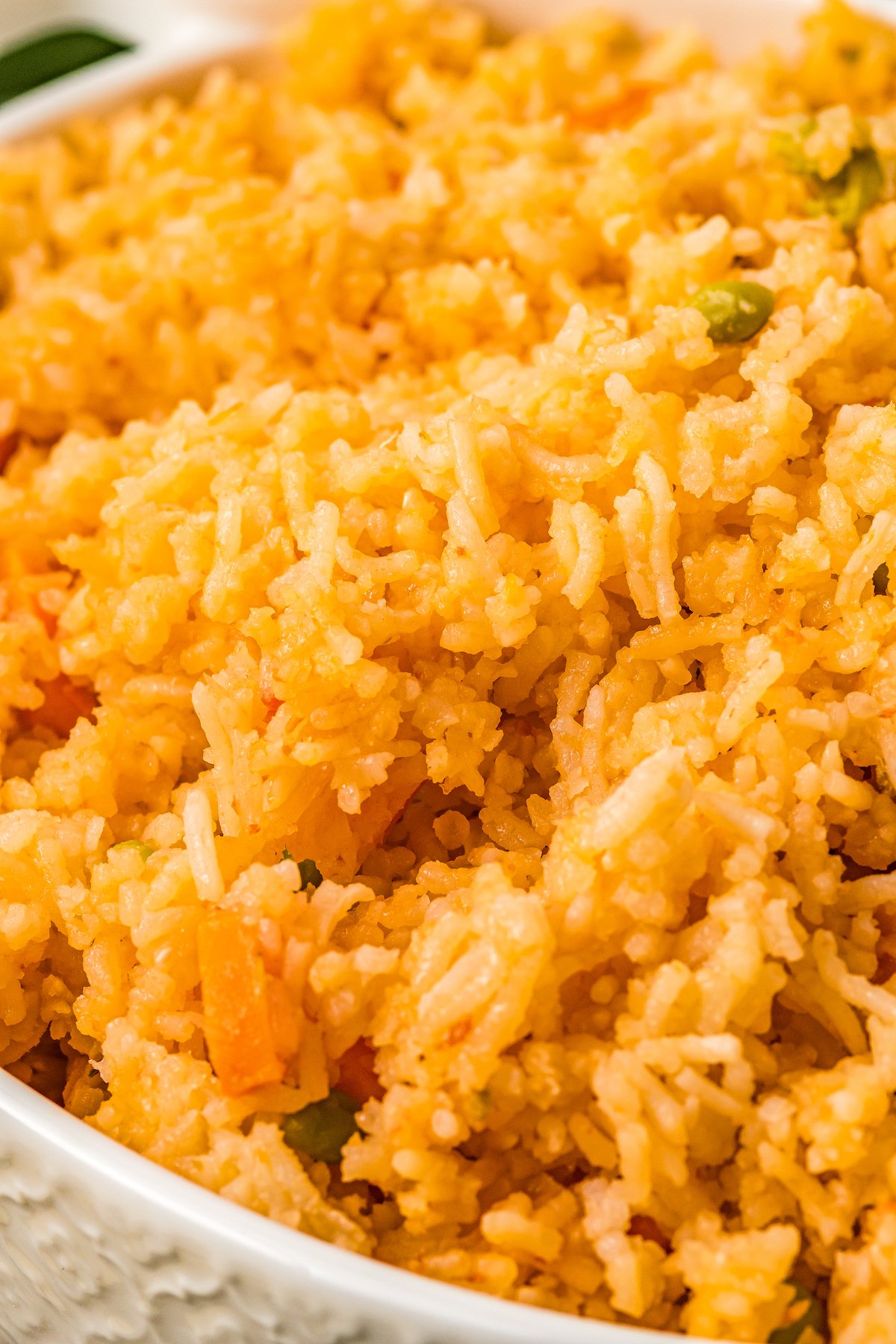 Close-up shot of seasoned, Mexican-style rice, showing the fluffy texture.