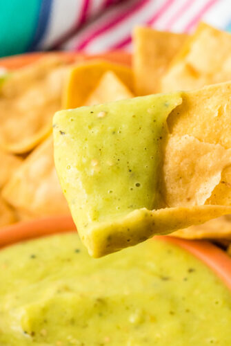 Close-up shot of a tortilla chip dipped in creamy avocado salsa.