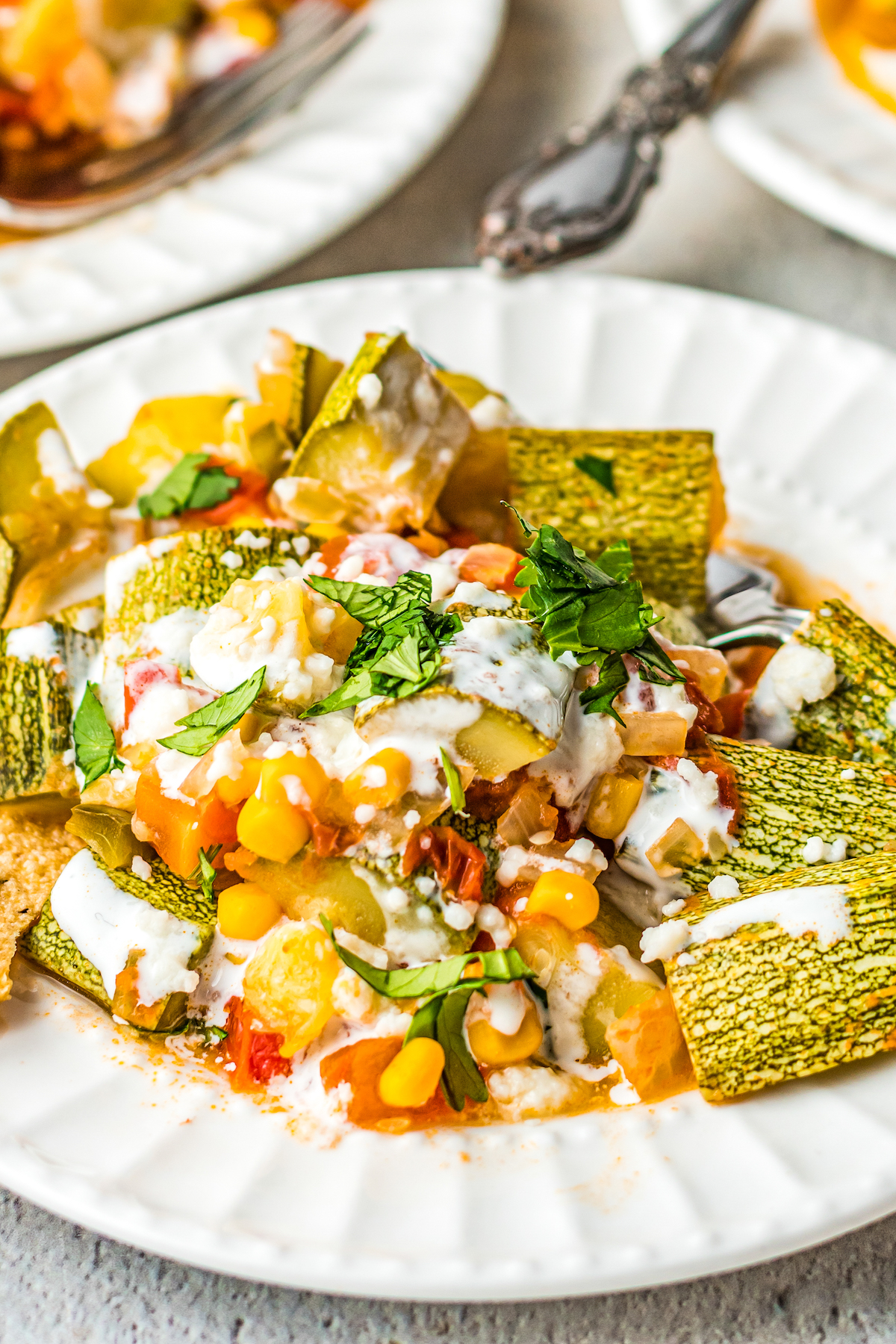 Close-up shot of cooked Mexican squash medley, with crema and queso fresco crumbles.
