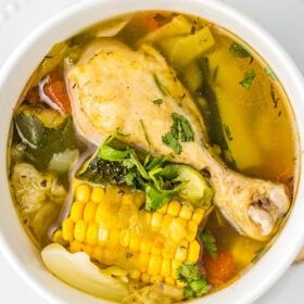 chicken, corn, and other vegetables simmering soup