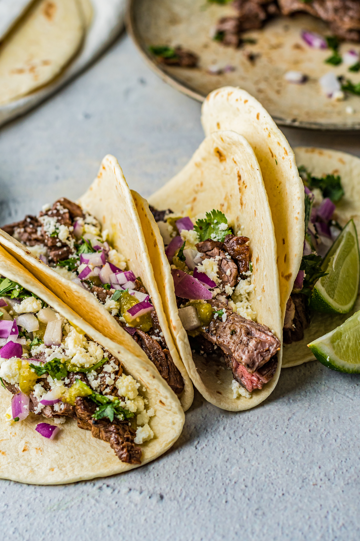 Steak tacos on flour tortillas.