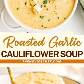 Cauliflower soup in a bowl with a spoon and a ladle scooping out some cauliflower soup from the pot.