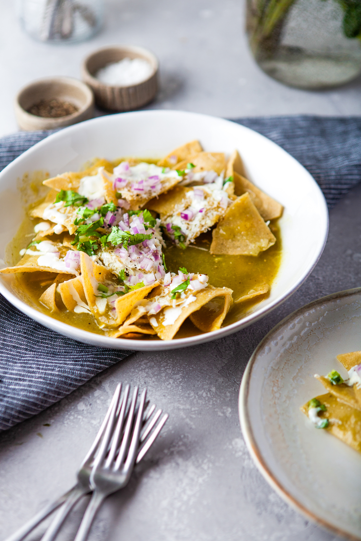 Tortilla chips topped with salsa verde, onions, cilantro, and crema in a white bowl