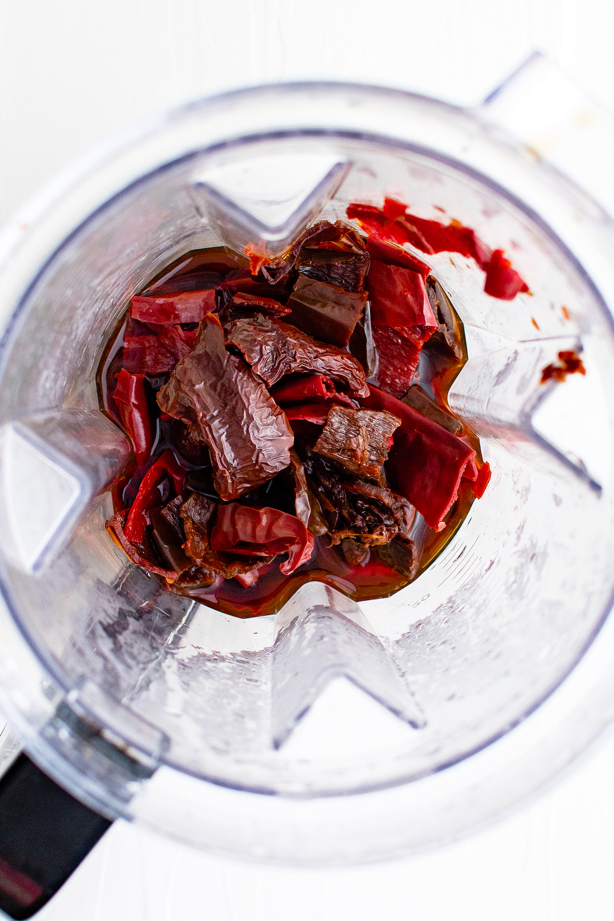 dried red chilis in a blender