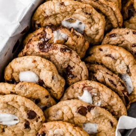 Overhead image of chocolate chip marshmallow cookies.