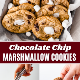 Chocolate Chip Cookies with marshmallows in a baking dish with parchment paper and a ball of dough being scooped with a cookie scoop.