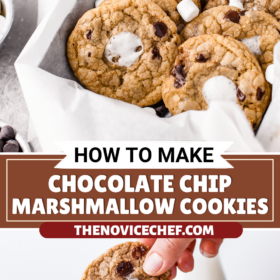 Chocolate Marshmallow Cookies with a baking sheet with parchment paper and a cookie being dunked in milk.