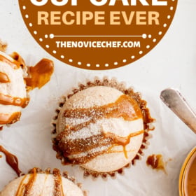 Churro cupcakes topped with cream cheese, cinnamon sugar and a caramel drizzle.