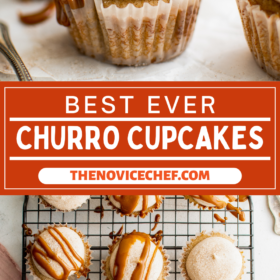 Churro cupcakes wtih cinnamon cream cheese frosting and caramel drizzled on top.