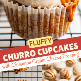 Cinnamon sugar cupcakes with caramel drizzled on top.
