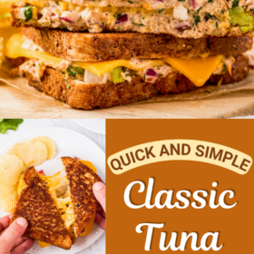 A stack of tuna melt sandwiches, hands pulling apart tuna melt showing the melted cheese inside and a tuna melt sandwich in a cast iron skillet.