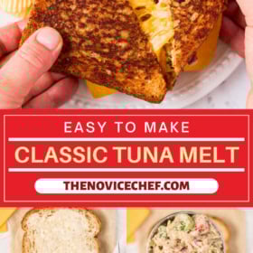 A sandwich being pulled apart with cheese and images of a tuna melt being made.
