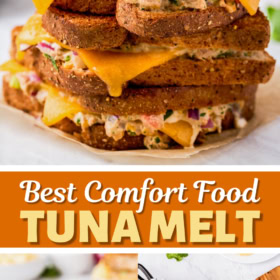 Three tuna salad sandwiches with cheese stacked on top of each other and an image of sandwich being cooked in a cast iron skillet.