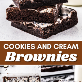 Brownies stacked on top of each other on a white plate and brownies cut into pieces on parchment paper and stacked on a plate.